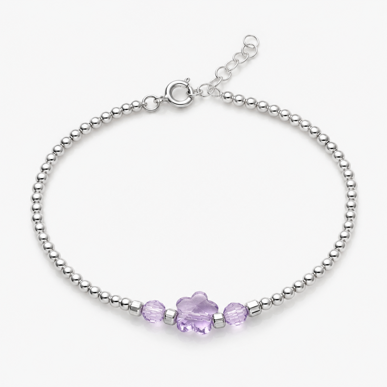 925 Sterling Silver Beaded Bracelet with Amethyst Flower