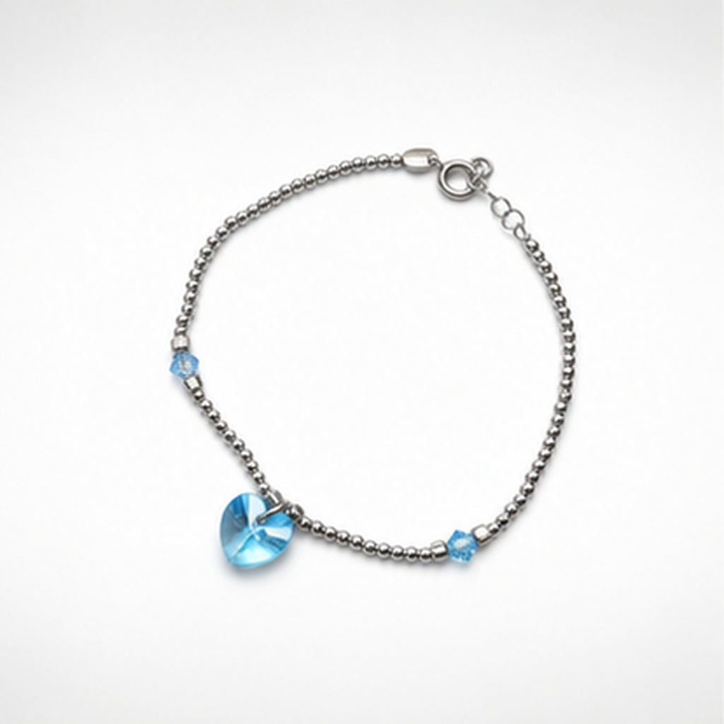 925 Sterling Silver Blue Topaz Heart Pendant Beaded  Bracelet