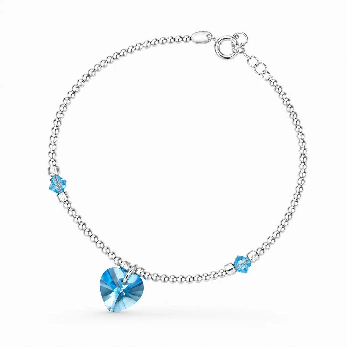 925 Sterling Silver Blue Topaz Heart Pendant Beaded  Bracelet