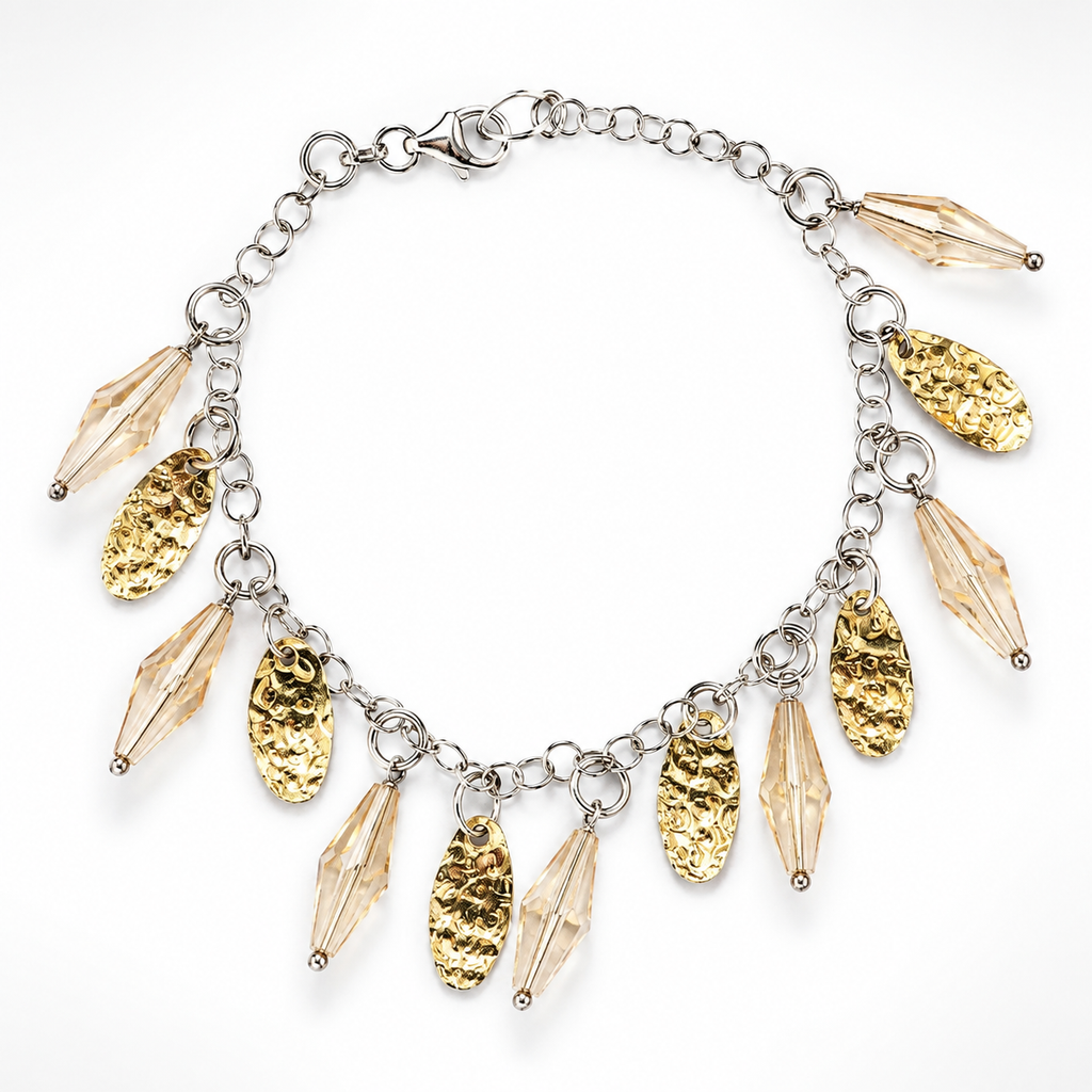 925 Sterling Silver Charm Bracelet with Crystals and Hammered Discs