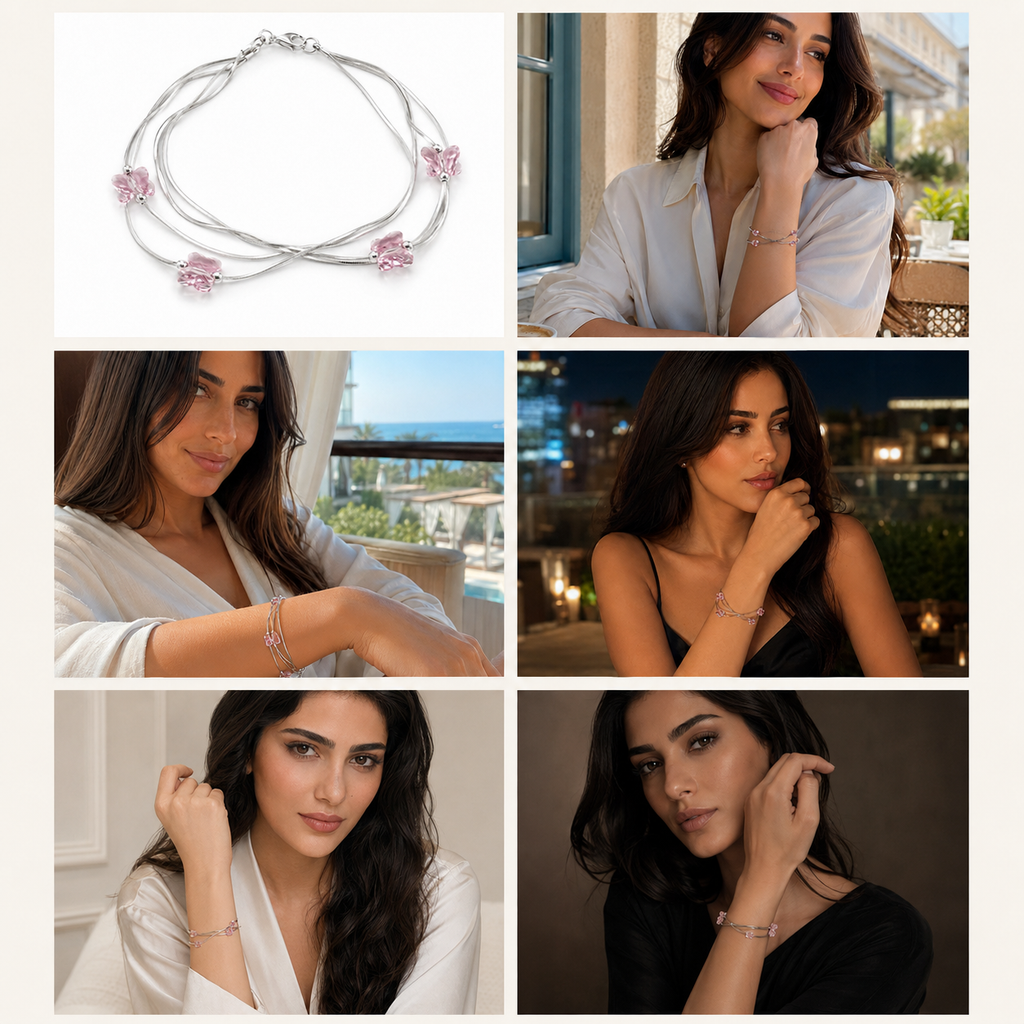 925 Sterling Silver Multi-Strand Bracelet with Pink Crystal Butterflies