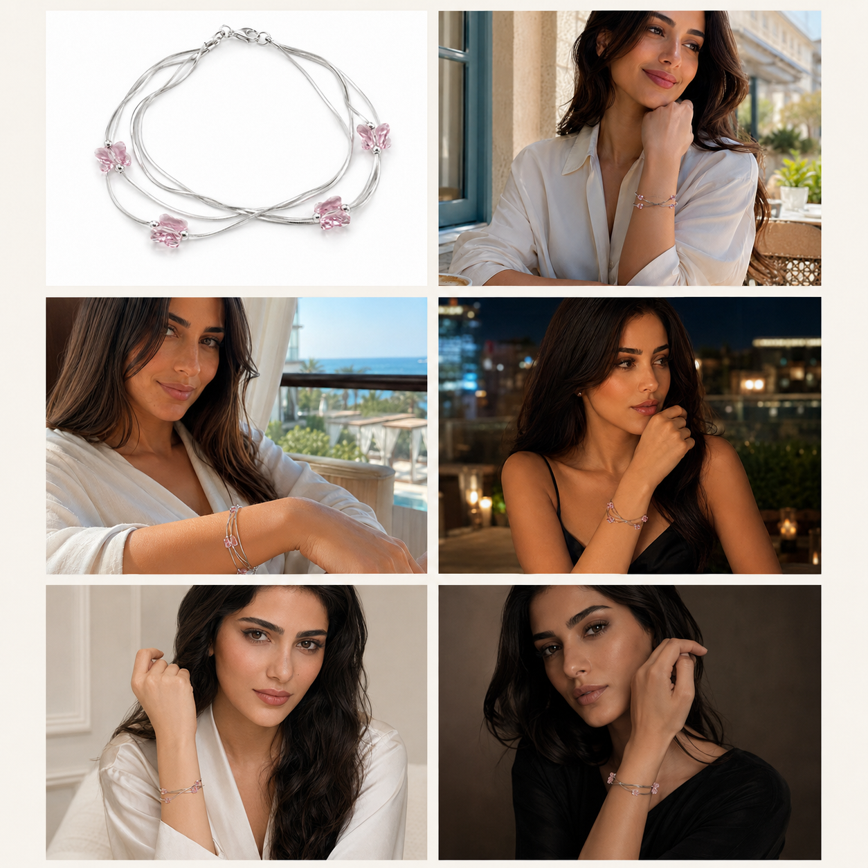 925 Sterling Silver Multi-Strand Bracelet with Pink Crystal Butterflies