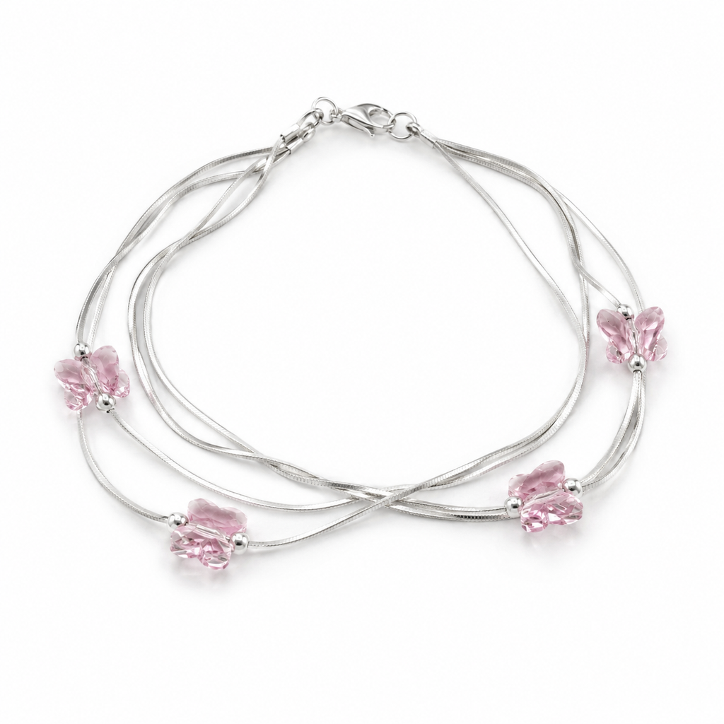 925 Sterling Silver Multi-Strand Bracelet with Pink Crystal Butterflies
