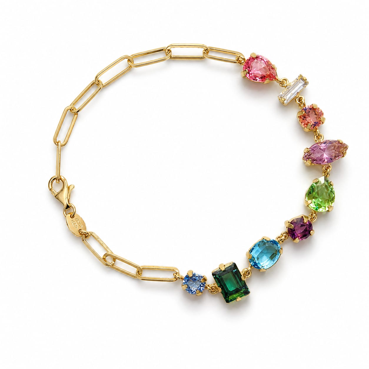 925 Sterling Silver Multi-Color Gemstones Paperclip Chain Bracelet