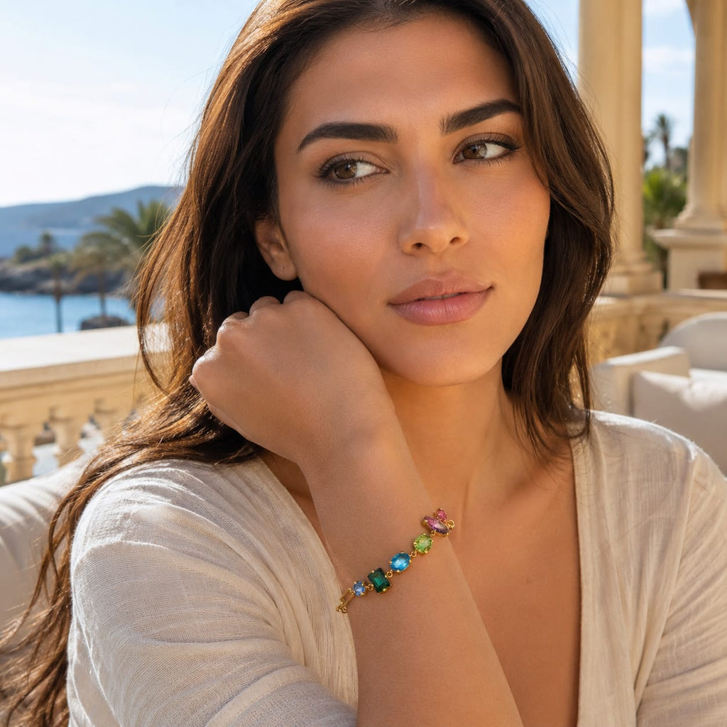 925 Sterling Silver Multi-Color Gemstones Paperclip Chain Bracelet