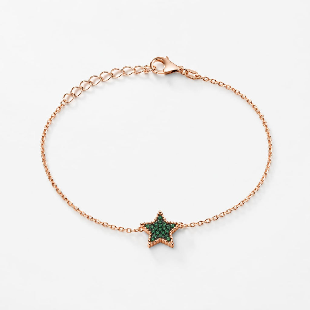 925 Sterling Silver Emerald Zircons Pave Star Chain Bracelet