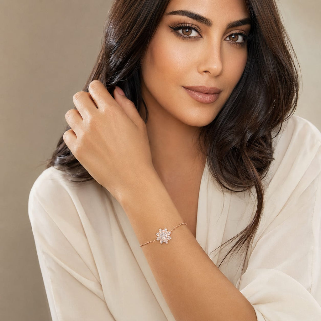 925 Sterling Silver Rose Gold Plated Zircon  Pave Sunburst Chain Bracelet