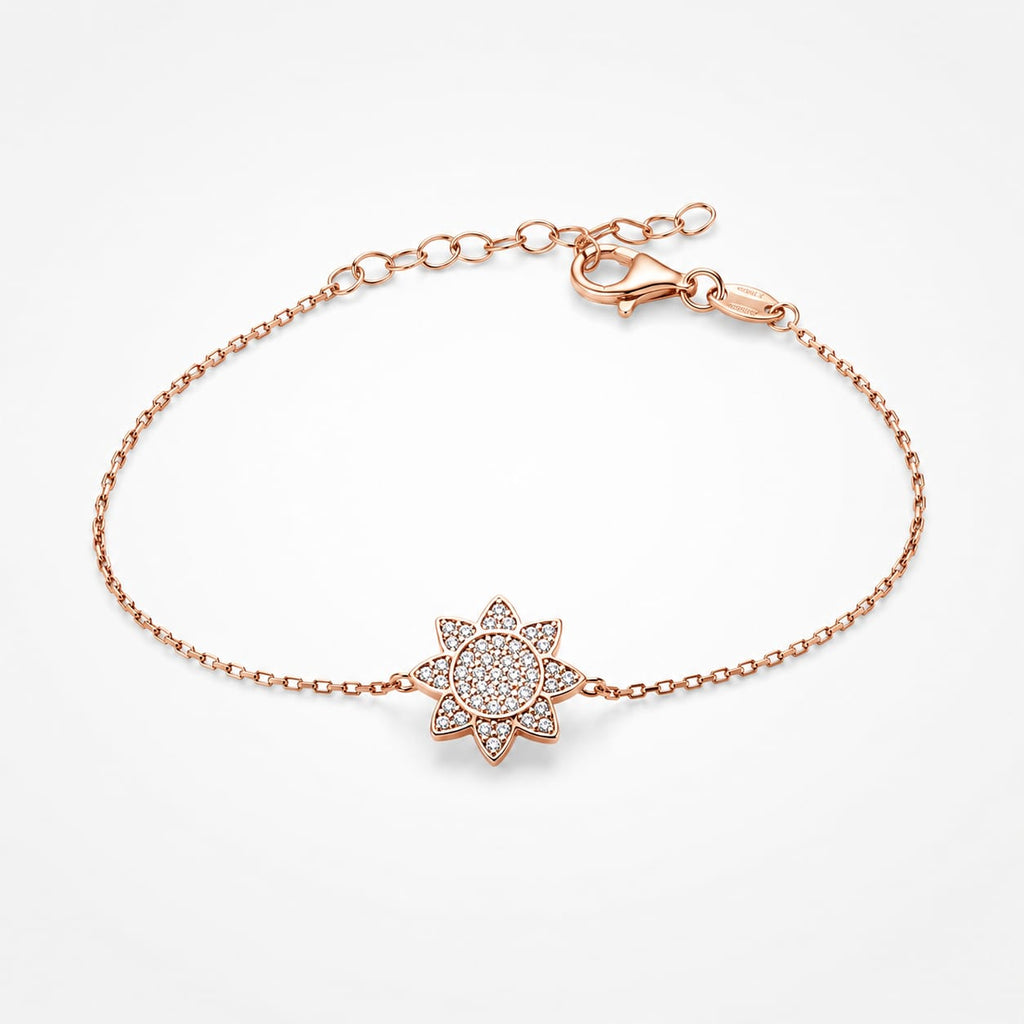 925 Sterling Silver Rose Gold Plated Zircon  Pave Sunburst Chain Bracelet