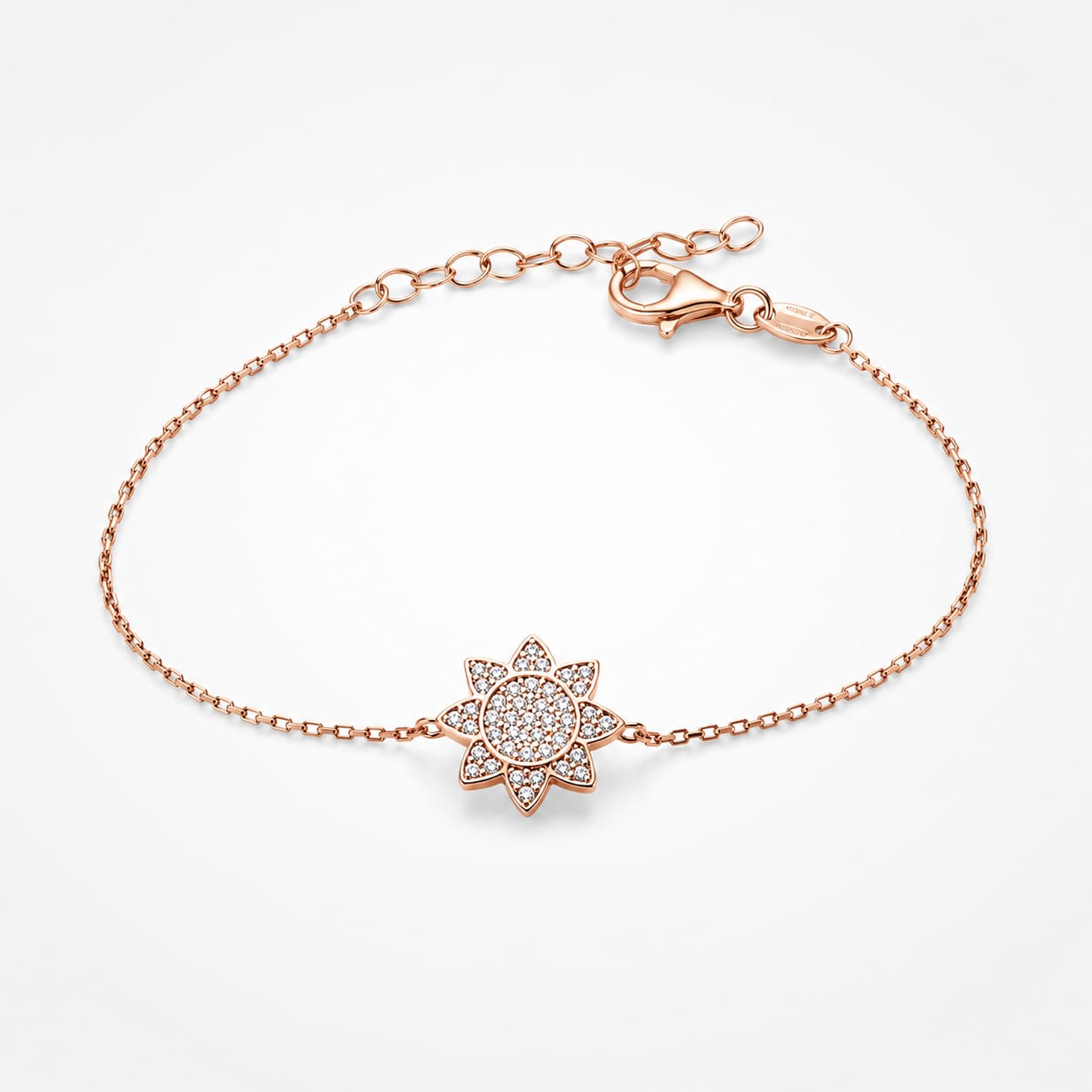 925 Sterling Silver Rose Gold Plated Zircon  Pave Sunburst Chain Bracelet