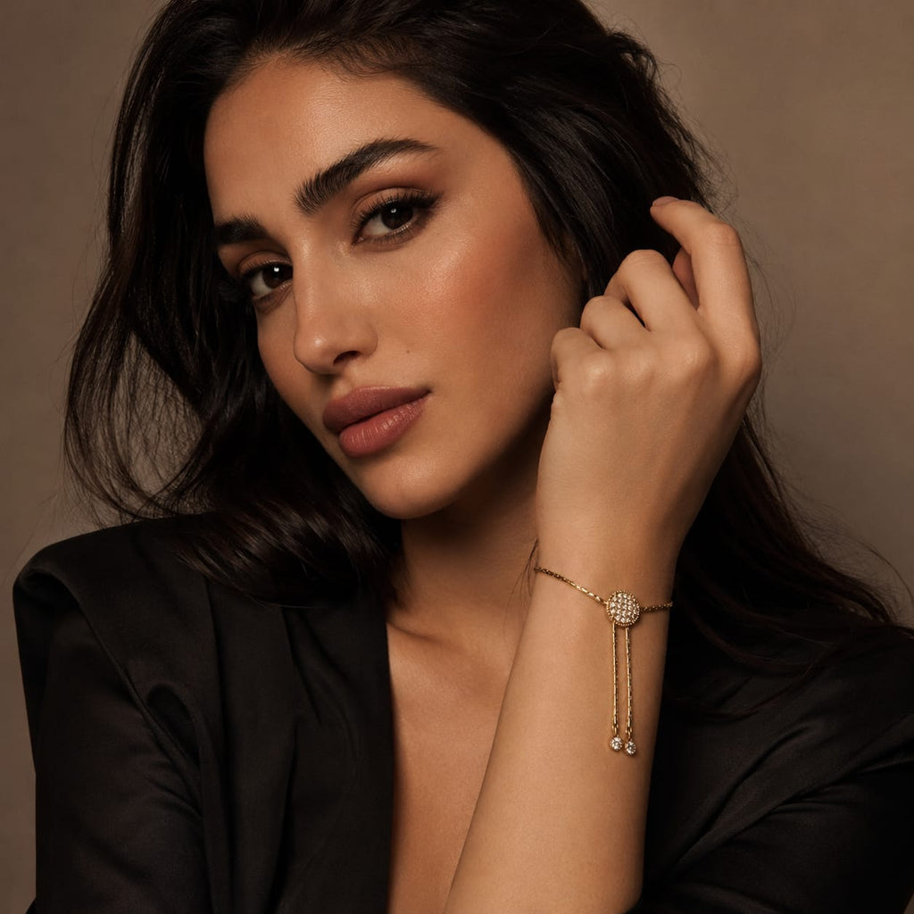 925 Sterling Silver Gold Plated Zircon Pave Lariat Chain Bracelet