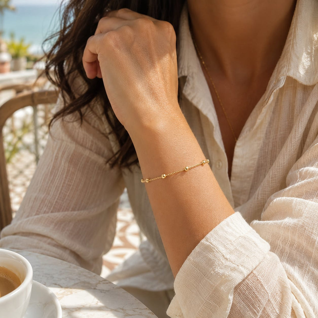 925 Sterling Silver Gold Plated Beaded Station Chain Bracelet