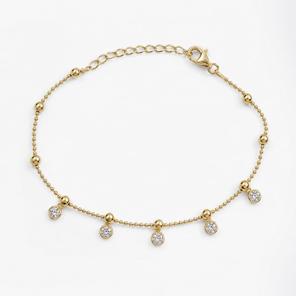 925 Sterling Silver Gold Plated Zircon Station Charm Bracelet