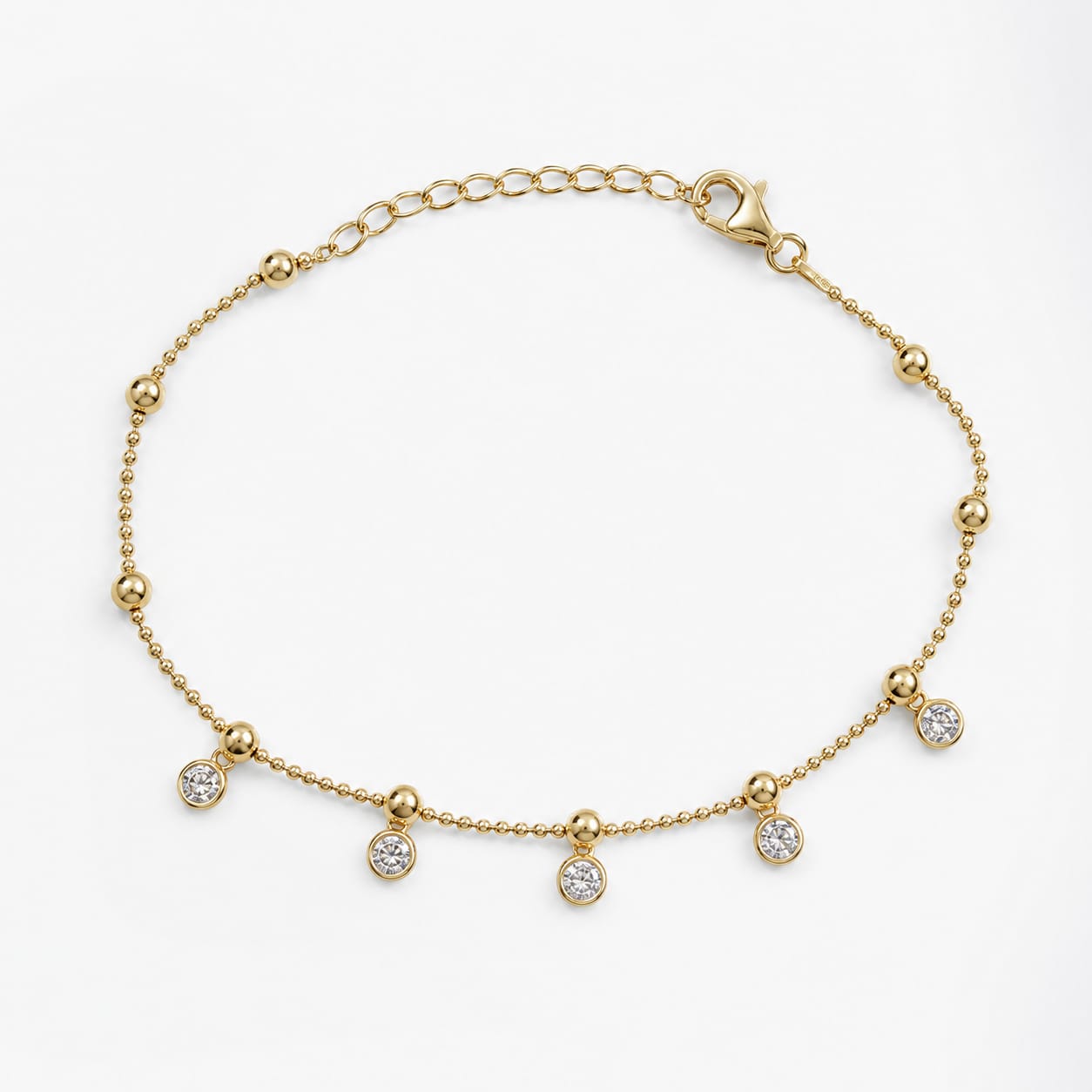 925 Sterling Silver Gold Plated Zircon Station Charm Bracelet