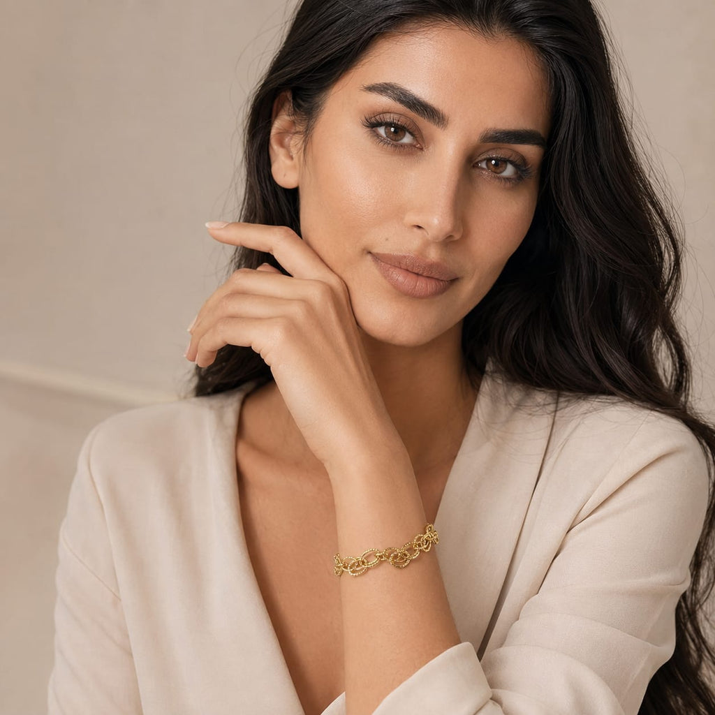 925 Sterling Silver Gold  Plated Textured Interlocking Link Chain Bracelet