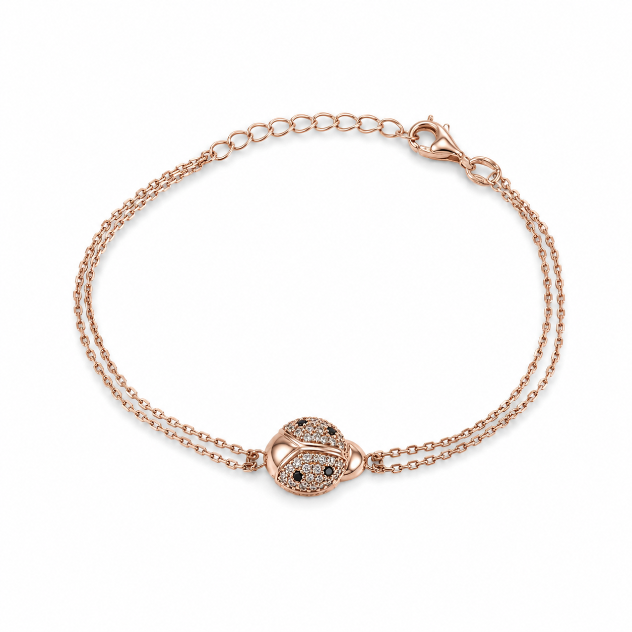 925 Sterling Silver Rose Gold Plated Zircon Ladybug Double Chain Charm Bracelet