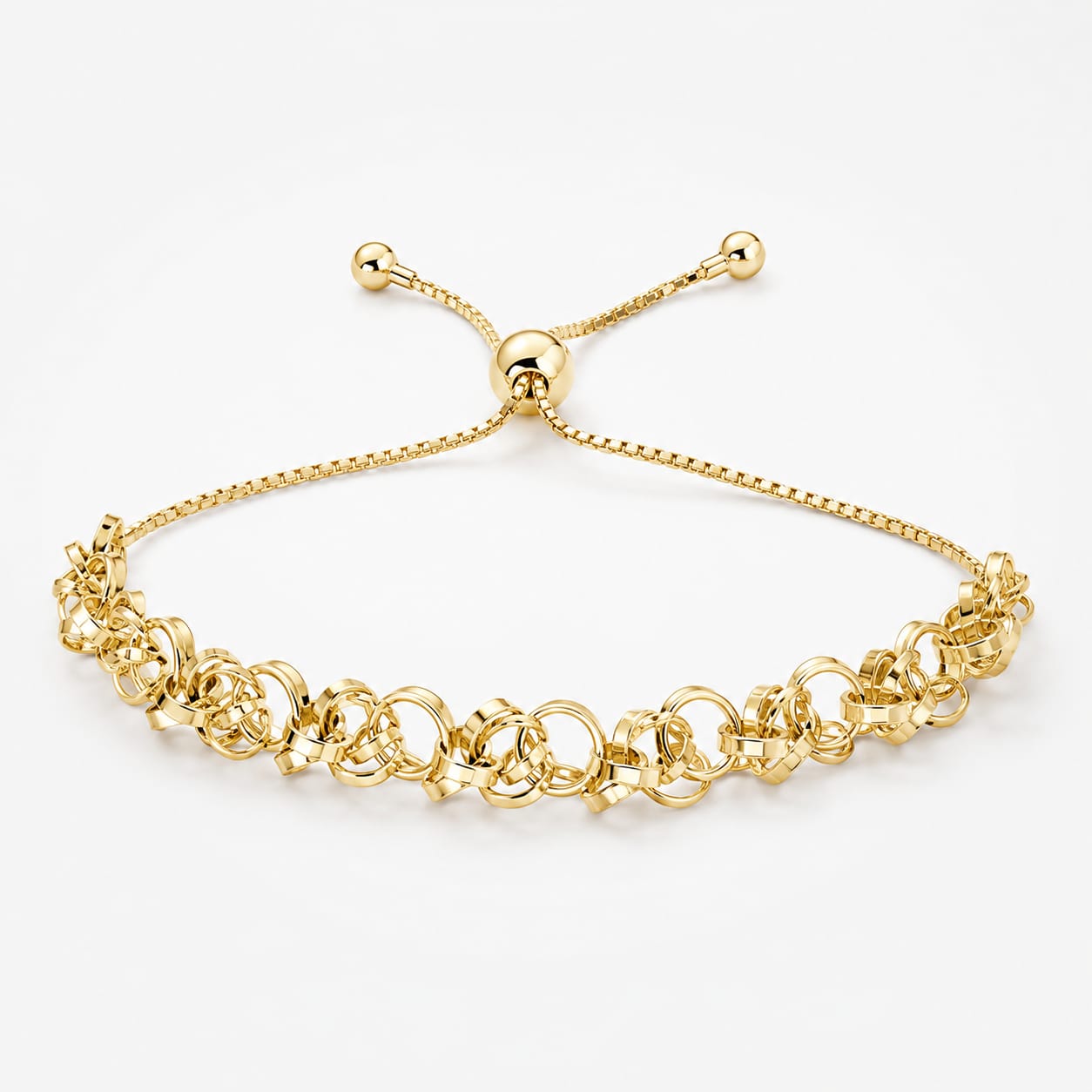 925 Sterling Silver Gold Plated Interlocking Ring Bolo Chain Bracelet