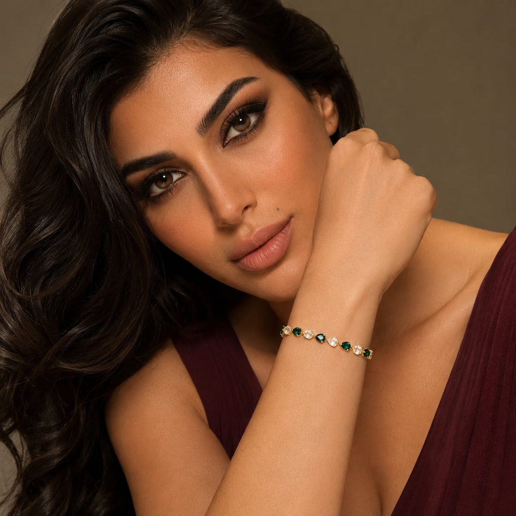 925 Sterling Silver Gold Plated Emerald Station Chain Bracelet