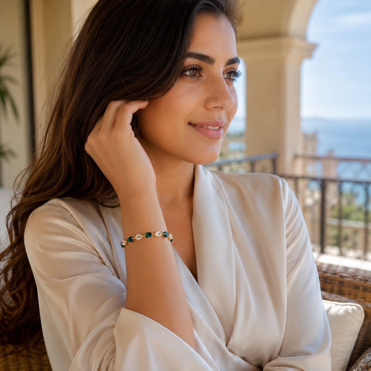 925 Sterling Silver Gold Plated Emerald Station Chain Bracelet