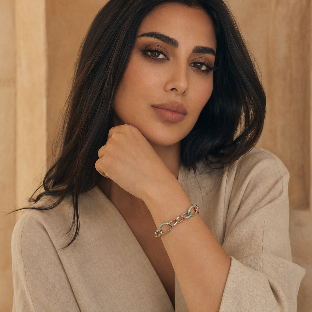 925 Sterling Silver Rose Gold Enamel Accent Chain Bracelet