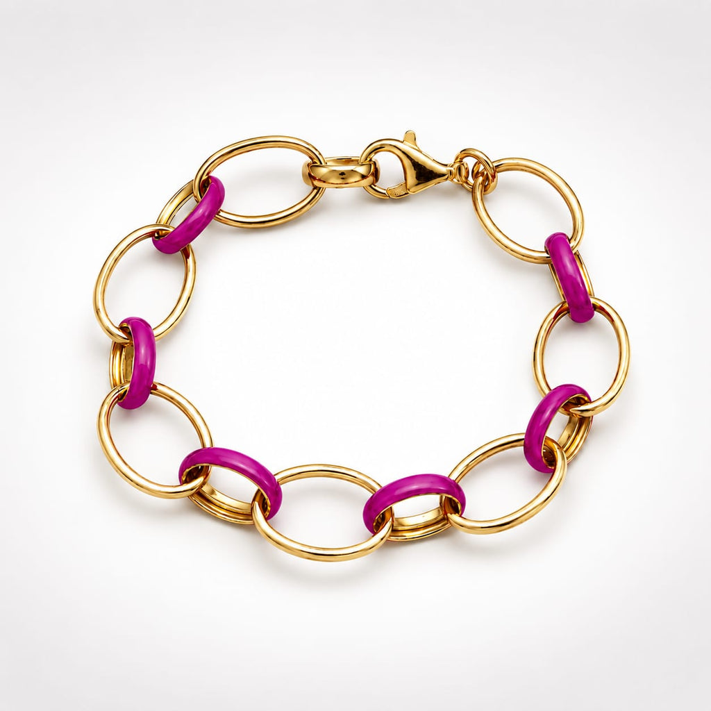 925 Sterling Silver Gold Plated Chain Bracelet with Magenta Enamel Links