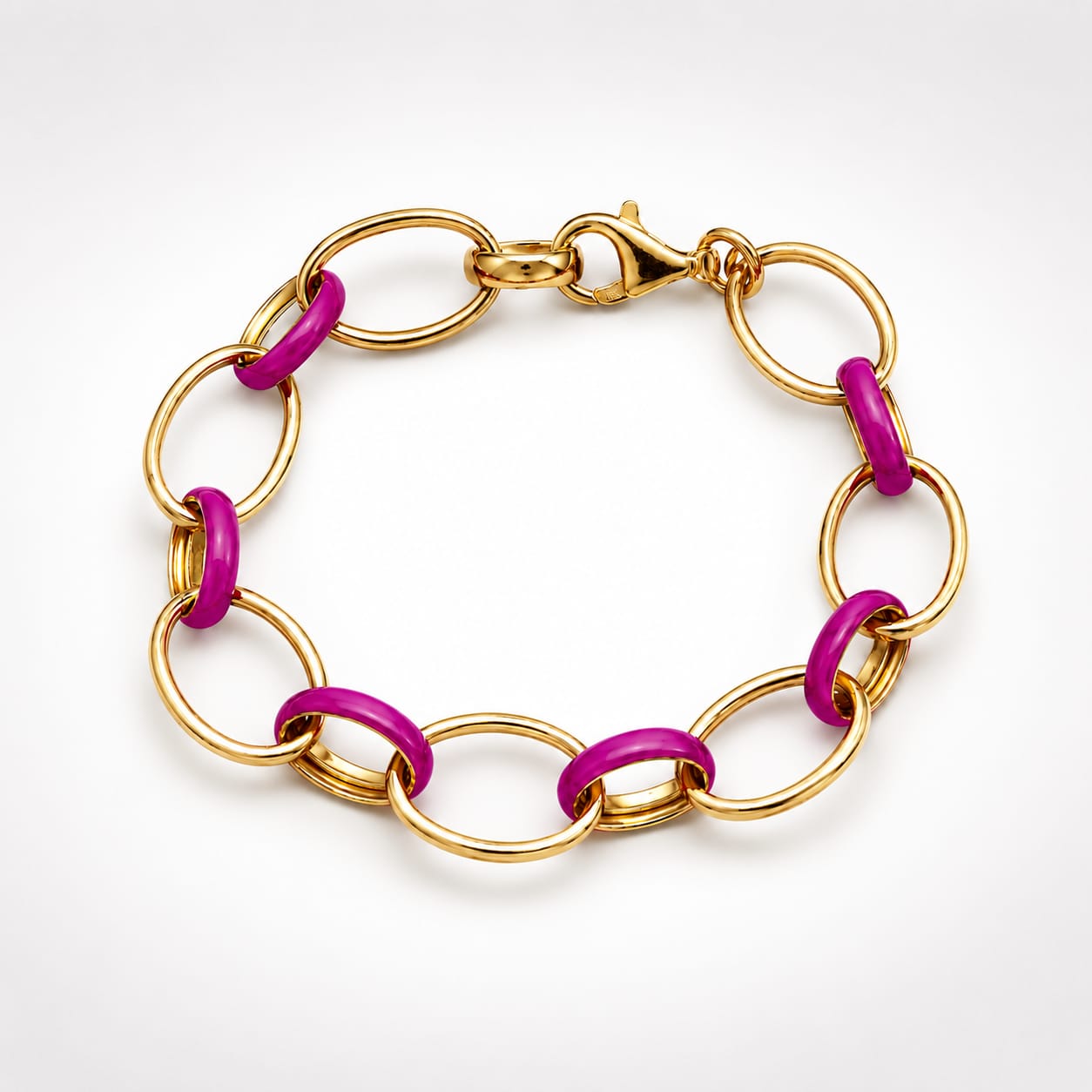 925 Sterling Silver Gold Plated Chain Bracelet with Magenta Enamel Links
