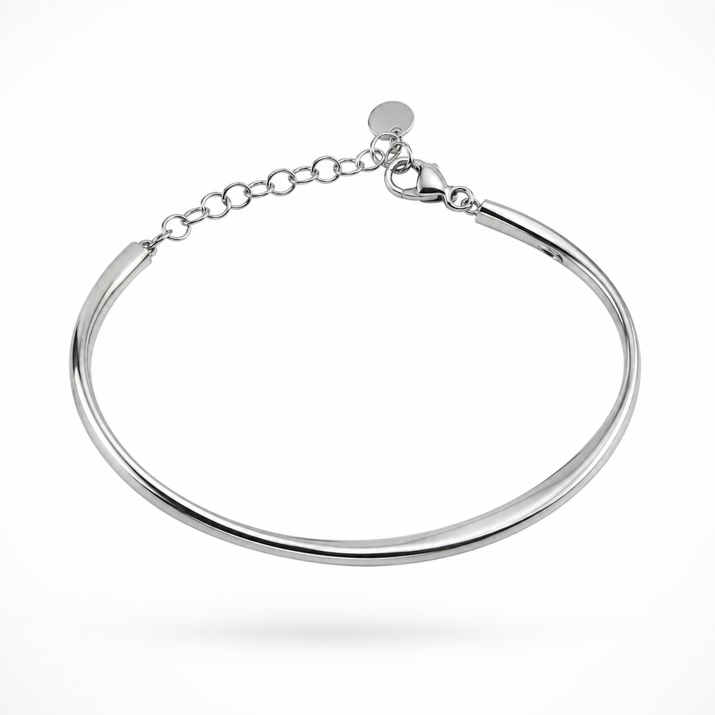 925 Sterling Silver Minimalist Tubular Bangle with Adjustable Chain