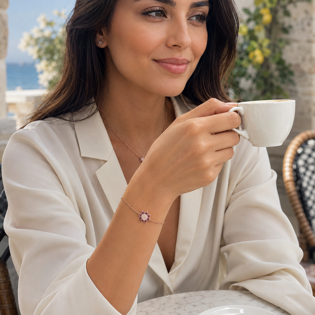 925 Sterling Silver Rose Gold Plated Chain Bracelet with Red Zircons Floral Centerpiece