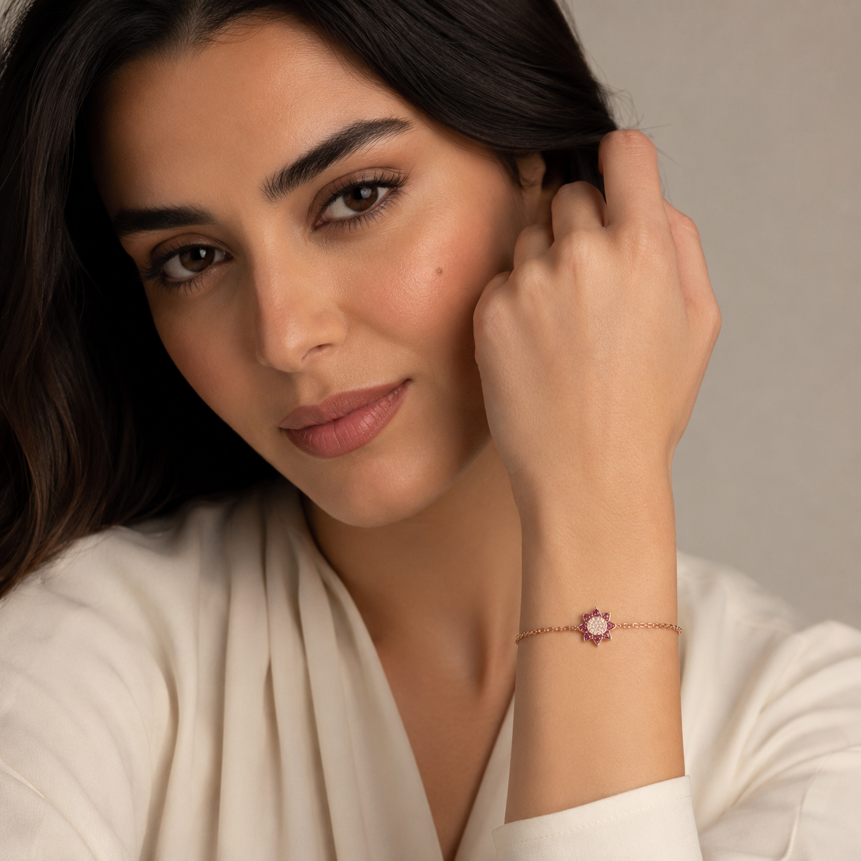 925 Sterling Silver Rose Gold Plated Chain Bracelet with Red Zircons Floral Centerpiece