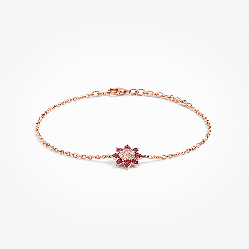 925 Sterling Silver Rose Gold Plated Chain Bracelet with Red Zircons Floral Centerpiece