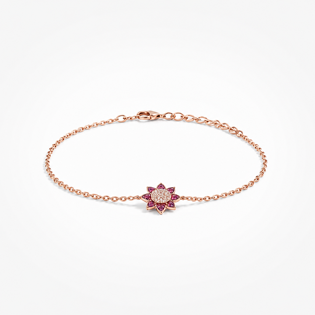 925 Sterling Silver Rose Gold Plated Chain Bracelet with Red Zircons Floral Centerpiece