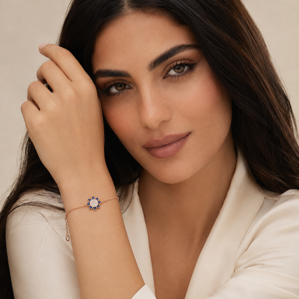 925 Sterling Silver Rose Gold Plated Blue Zircon Floral Chain Bracelet