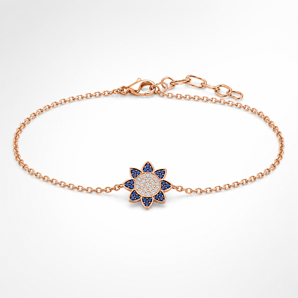 925 Sterling Silver Rose Gold Plated Blue Zircon Floral Chain Bracelet