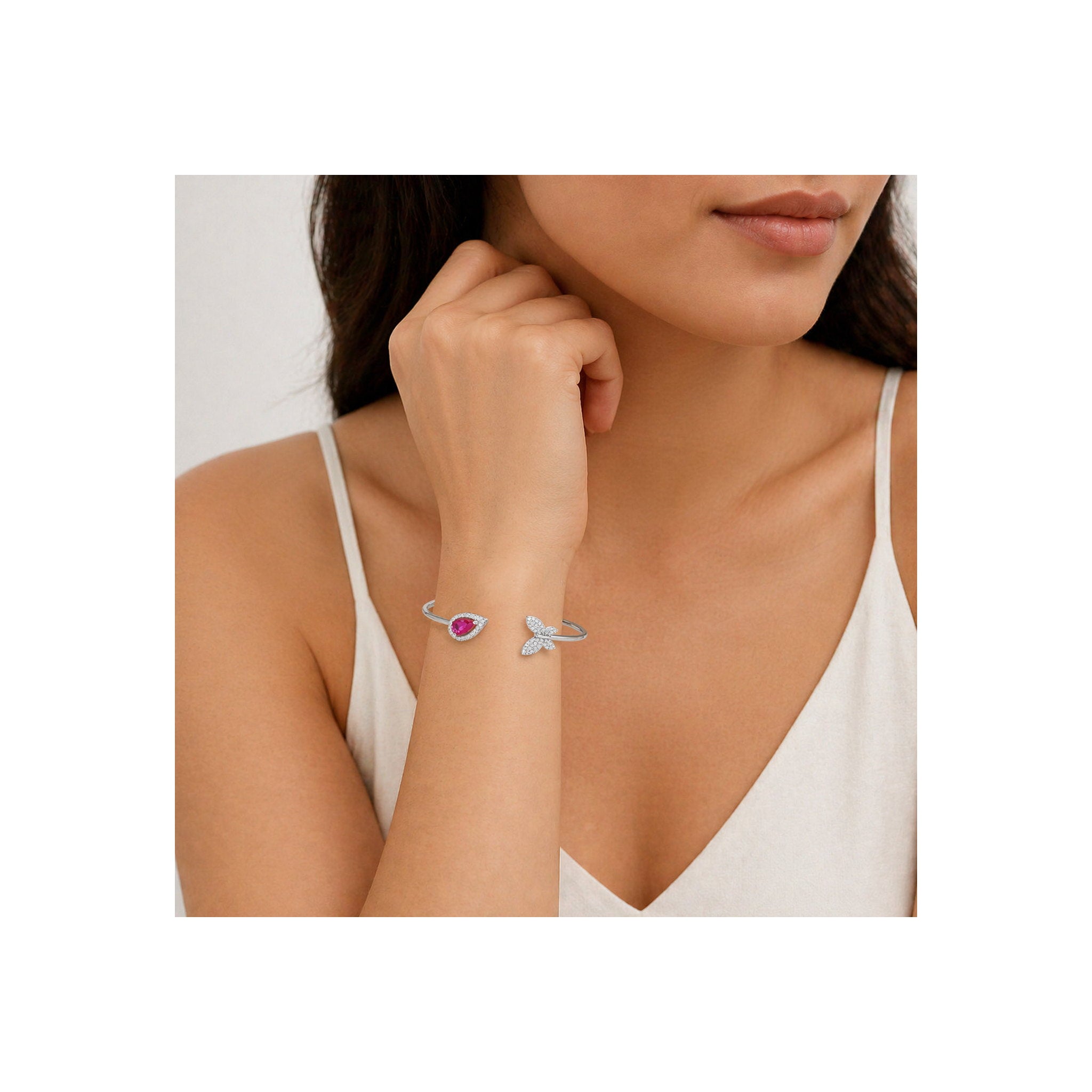 925 Sterling Silver Pear-Cut Red Gemstone Halo and Zircon Butterfly Open Bangle