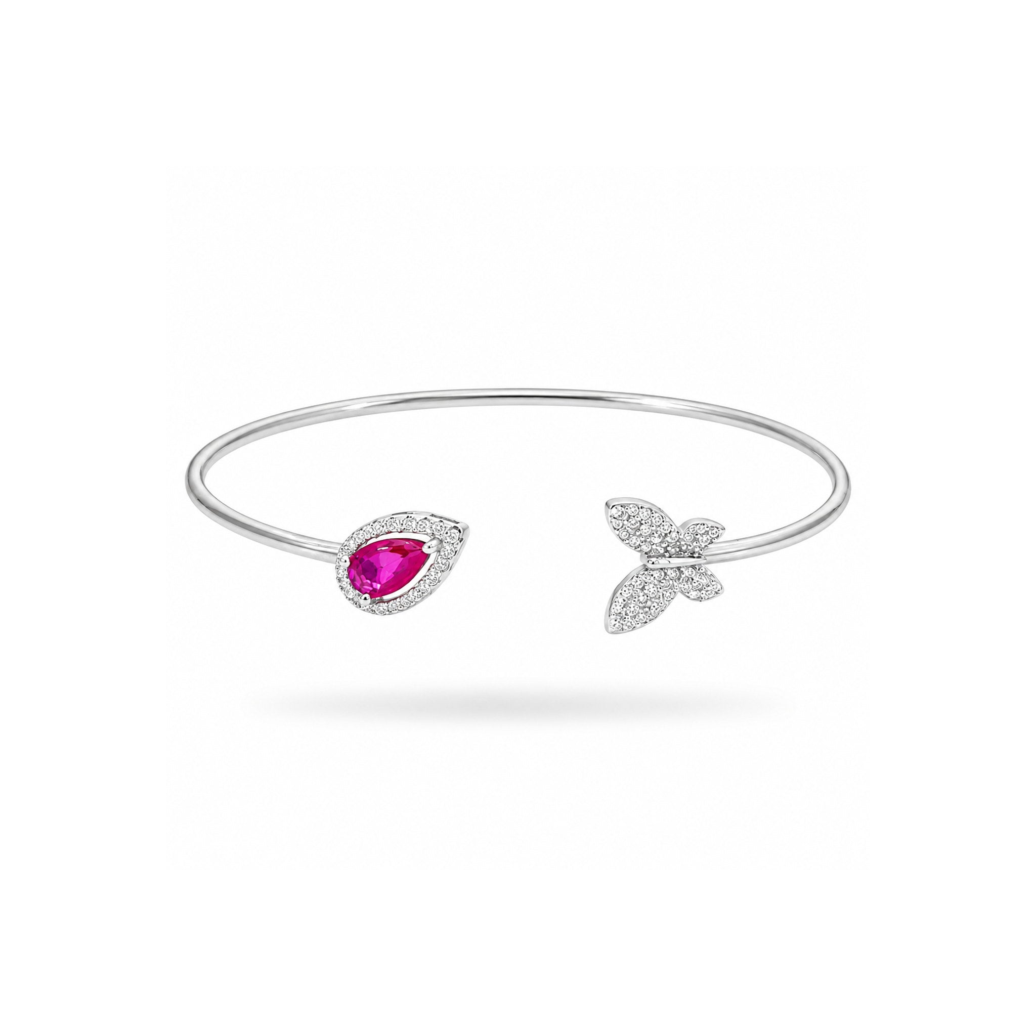925 Sterling Silver Pear-Cut Red Gemstone Halo and Zircon Butterfly Open Bangle