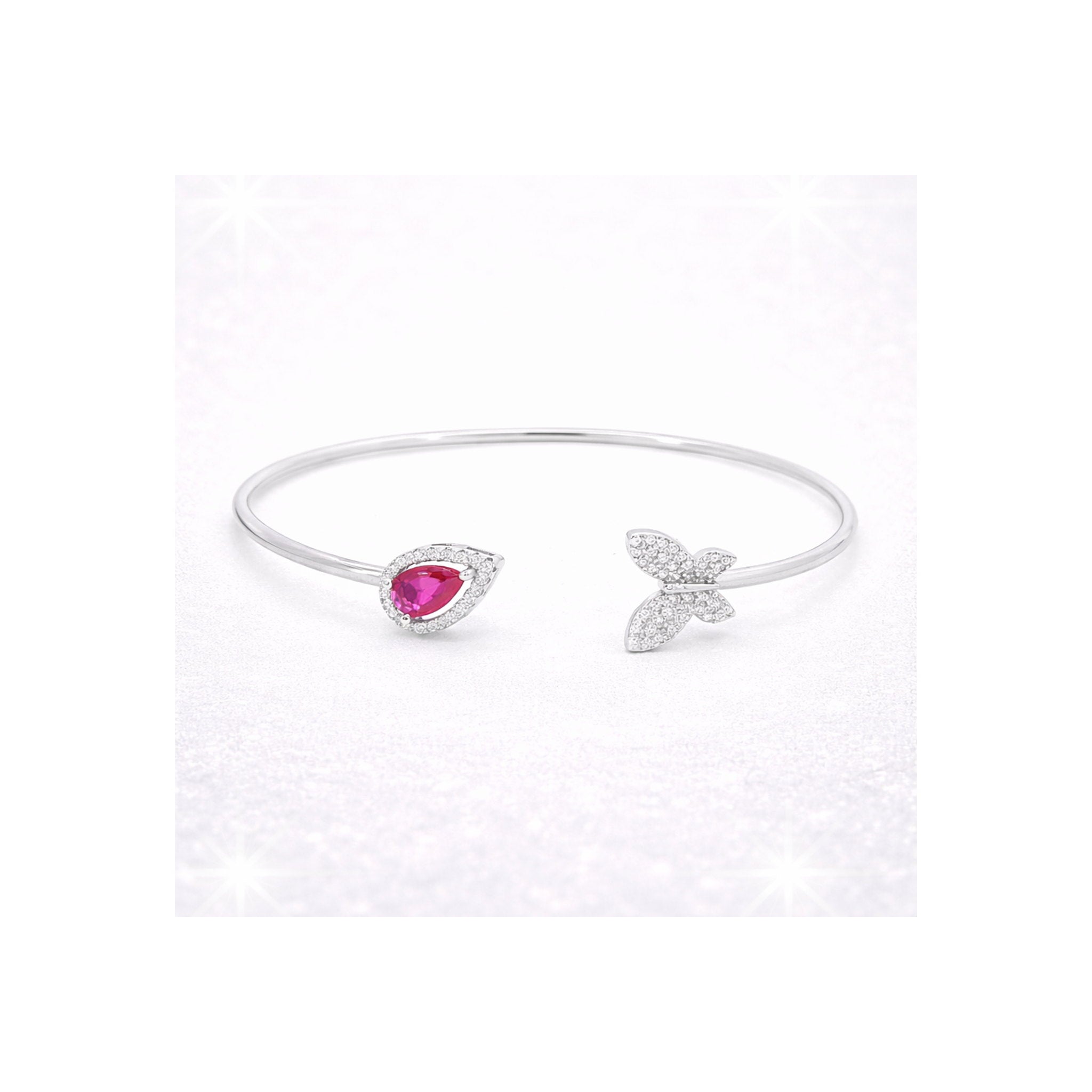 925 Sterling Silver Pear-Cut Red Gemstone Halo and Zircon Butterfly Open Bangle