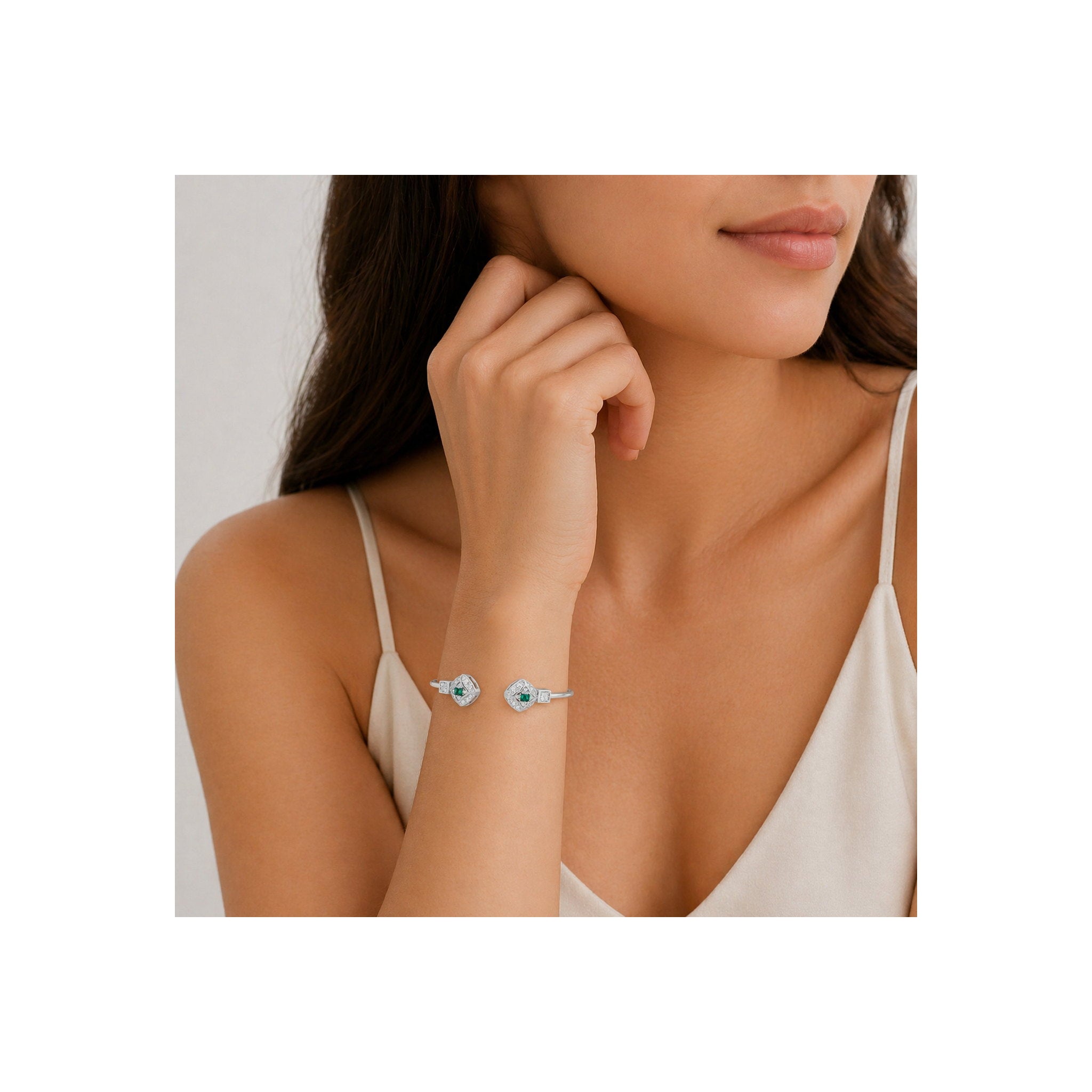 925 Sterling Silver Green Gemstone  and Zircon Geometric Open Bangle