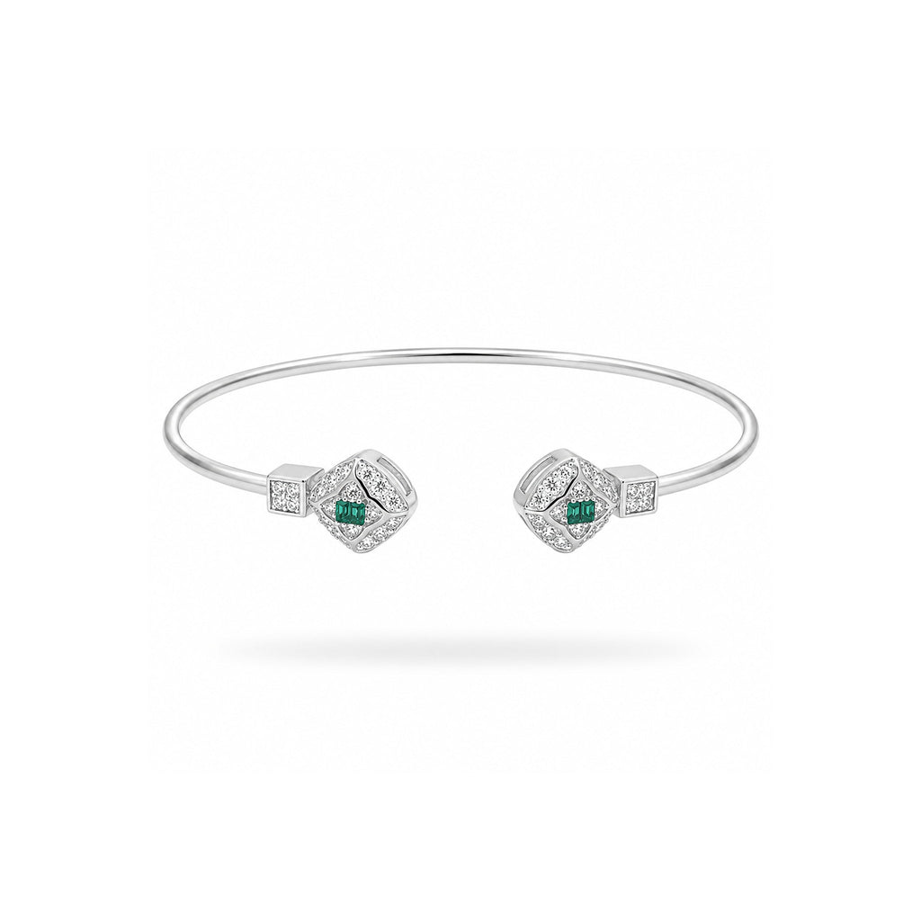 925 Sterling Silver Green Gemstone  and Zircon Geometric Open Bangle