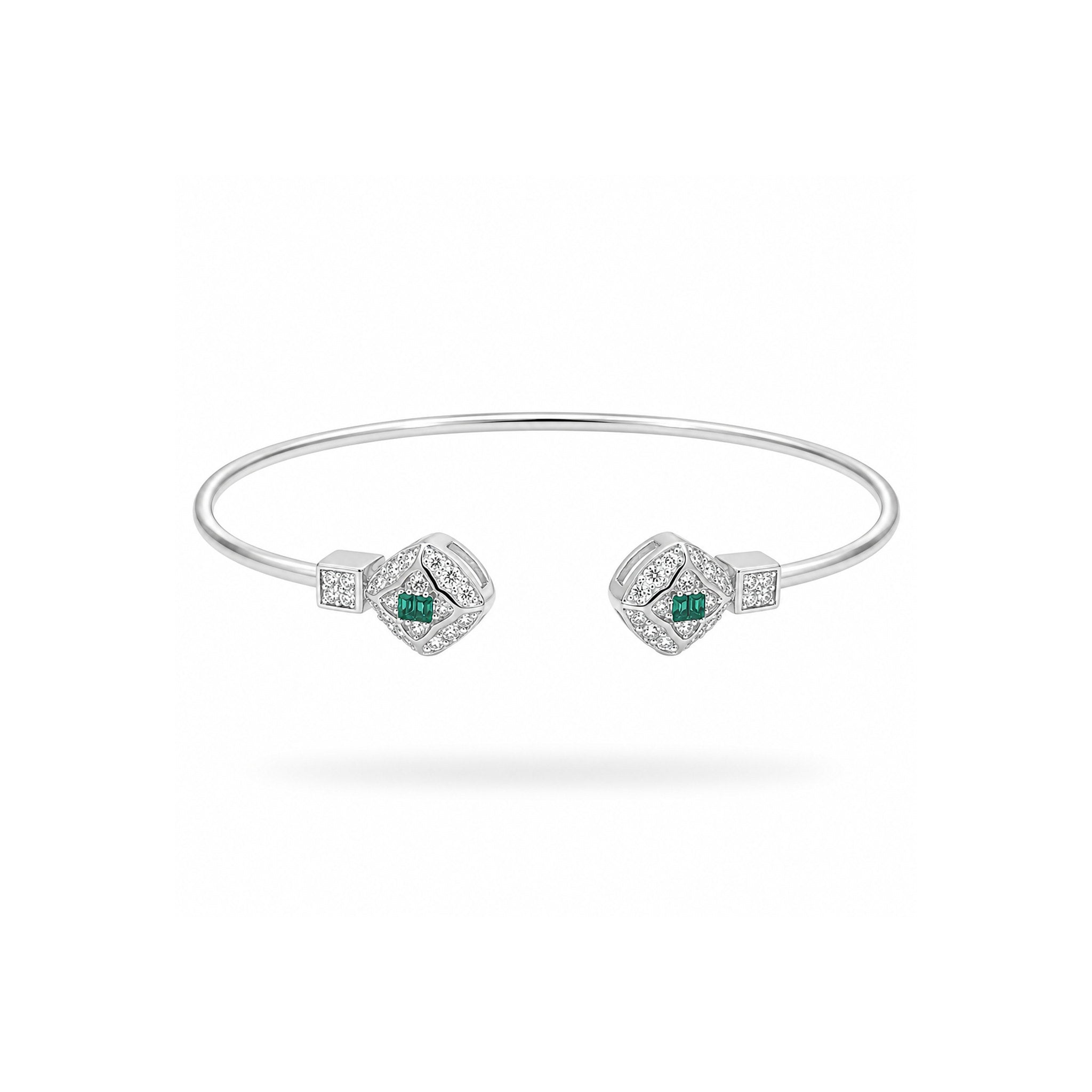 925 Sterling Silver Green Gemstone  and Zircon Geometric Open Bangle