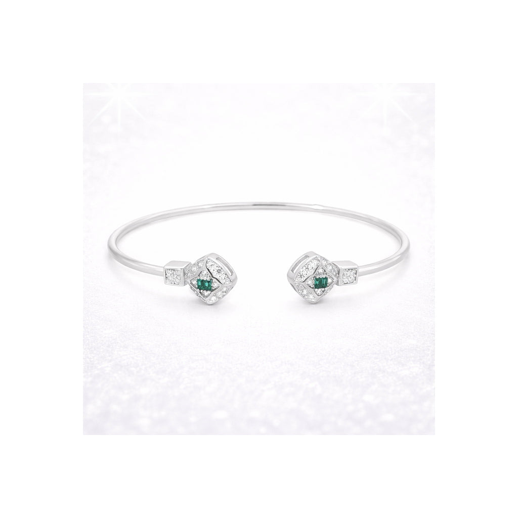 925 Sterling Silver Green Gemstone  and Zircon Geometric Open Bangle