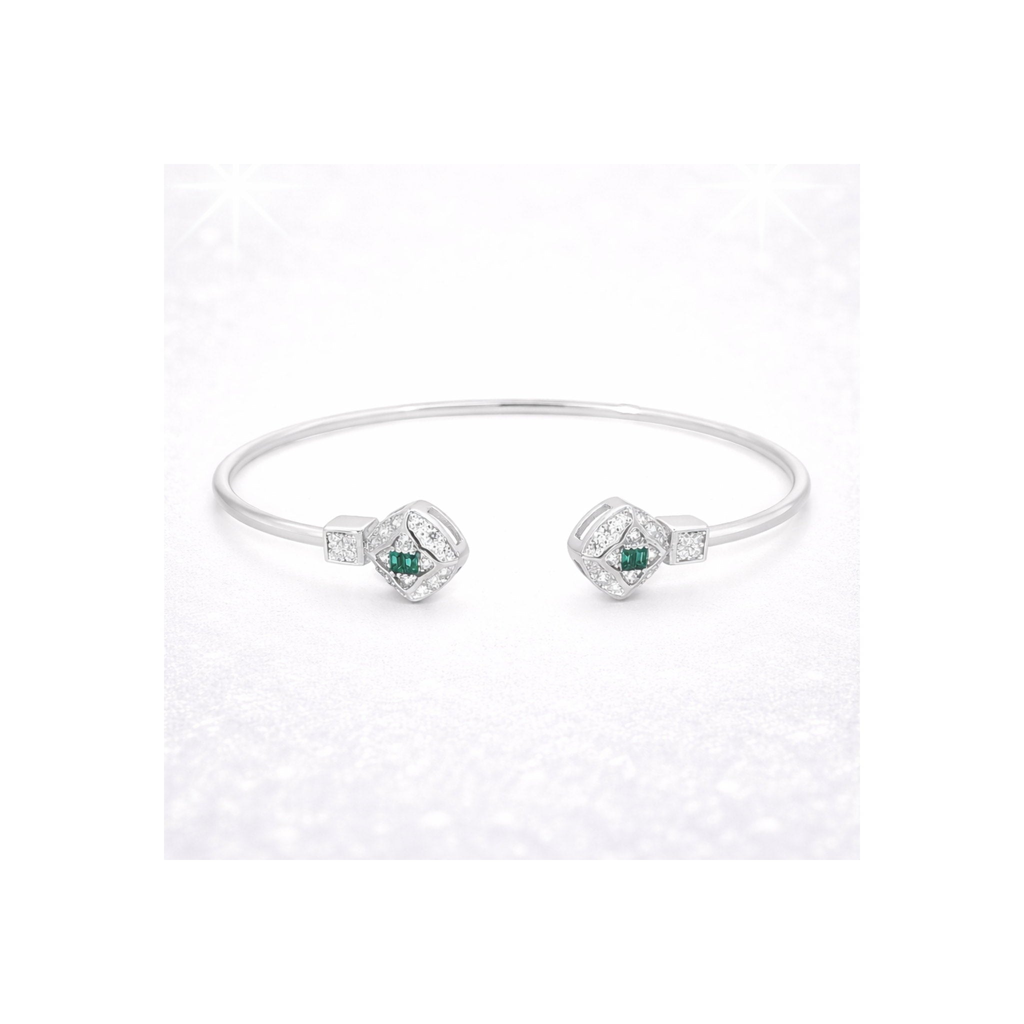 925 Sterling Silver Green Gemstone  and Zircon Geometric Open Bangle