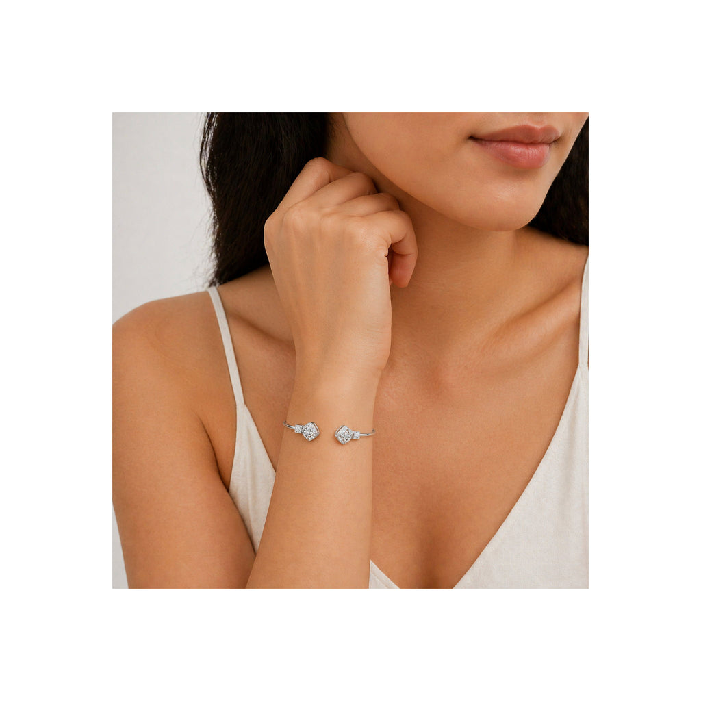 925 Sterling Silver Zircon Geometric Open Bangle