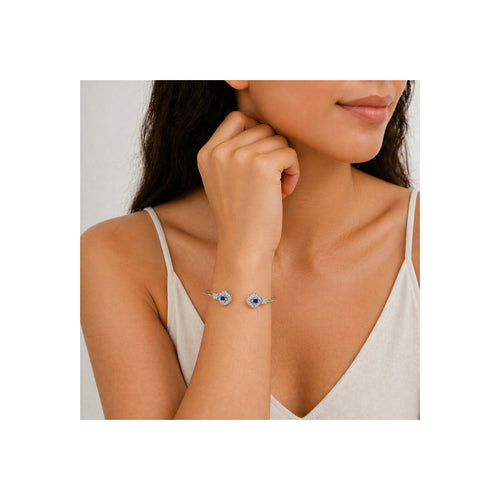 925 Sterling Silver Blue Gemstone  and Zircon Geometric Open Bangle