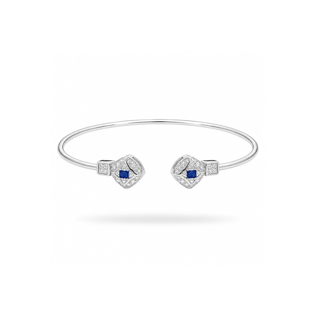 925 Sterling Silver Blue Gemstone  and Zircon Geometric Open Bangle