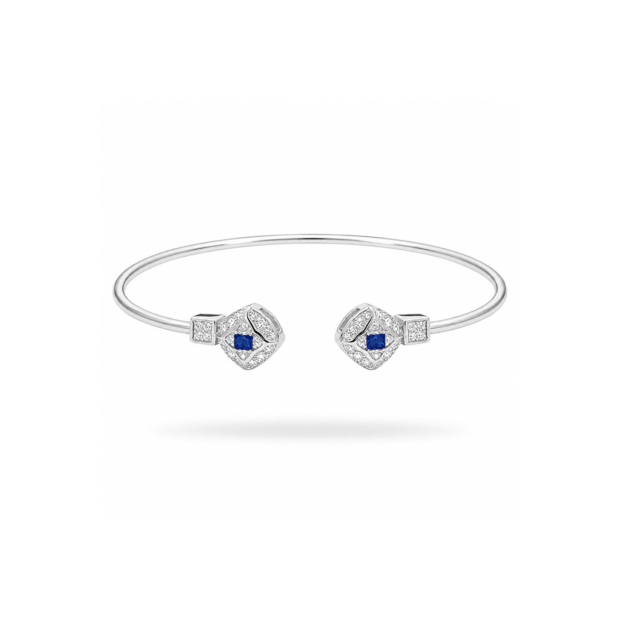 925 Sterling Silver Blue Gemstone  and Zircon Geometric Open Bangle