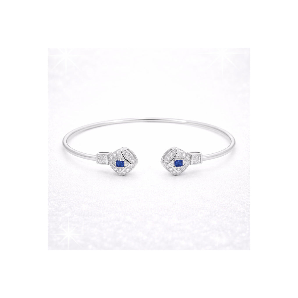 925 Sterling Silver Blue Gemstone  and Zircon Geometric Open Bangle