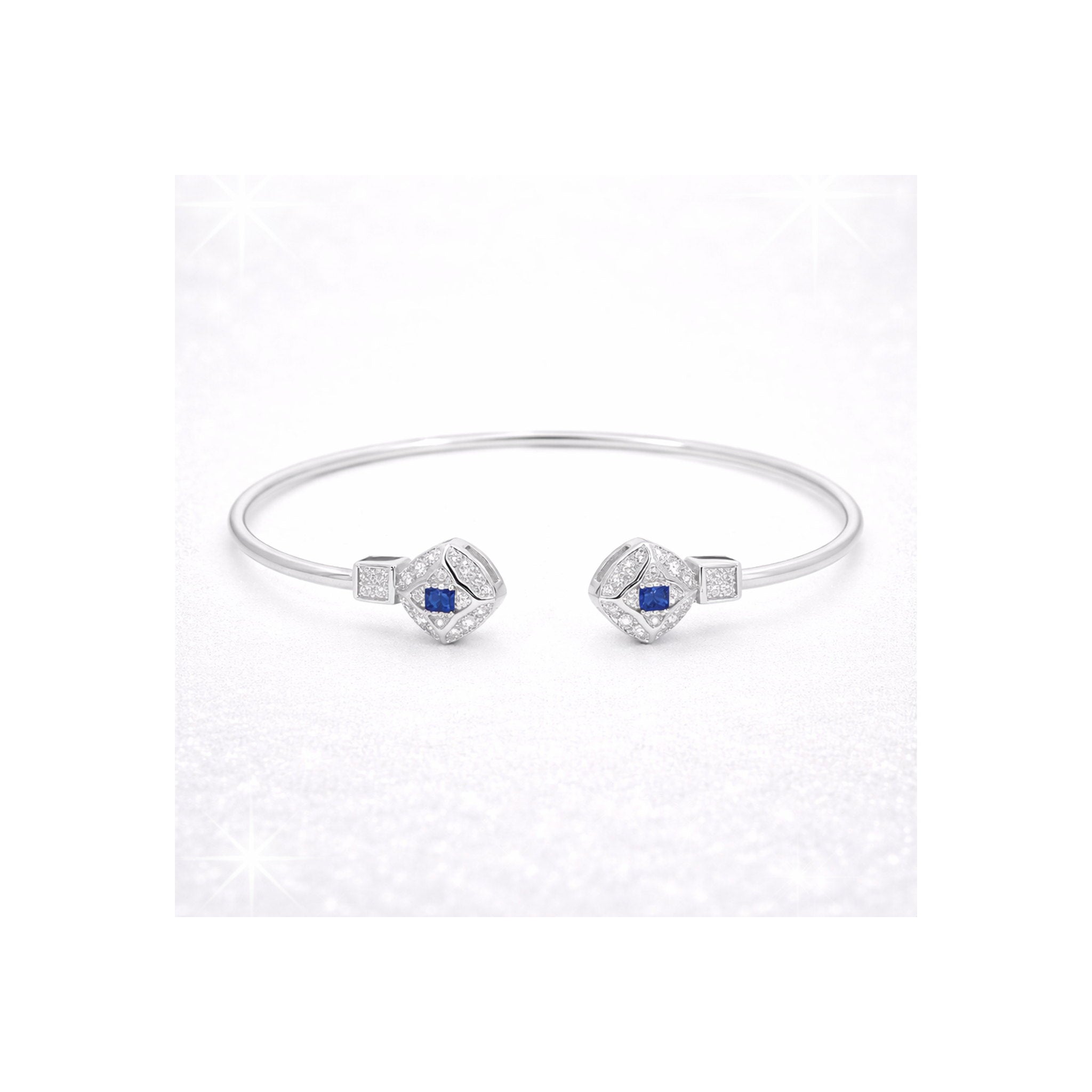 925 Sterling Silver Blue Gemstone  and Zircon Geometric Open Bangle