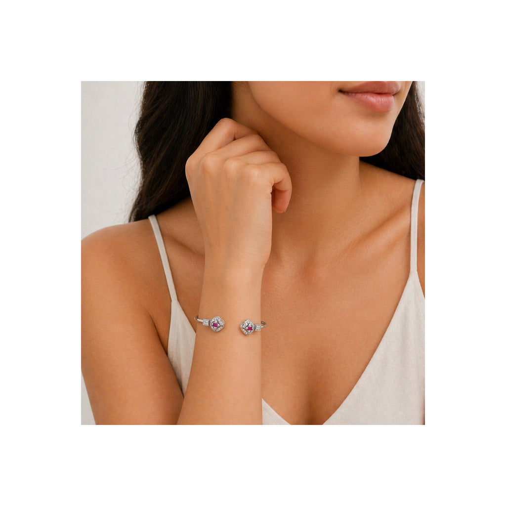 925 Sterling Silver Red Gemstone  and Zircon Geometric Open Bangle