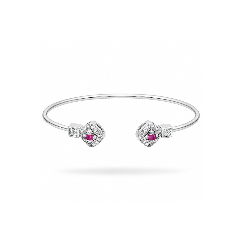 925 Sterling Silver Red Gemstone  and Zircon Geometric Open Bangle