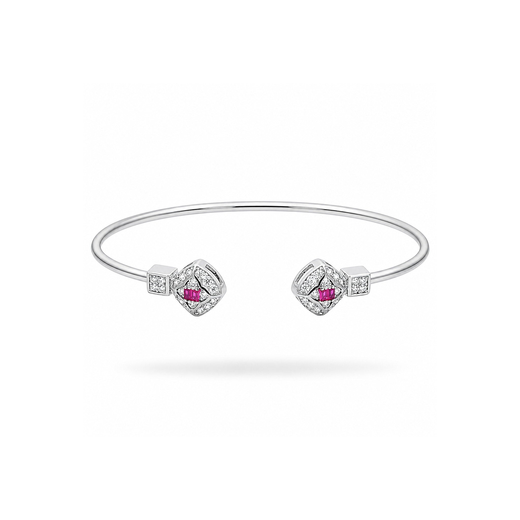925 Sterling Silver Red Gemstone  and Zircon Geometric Open Bangle