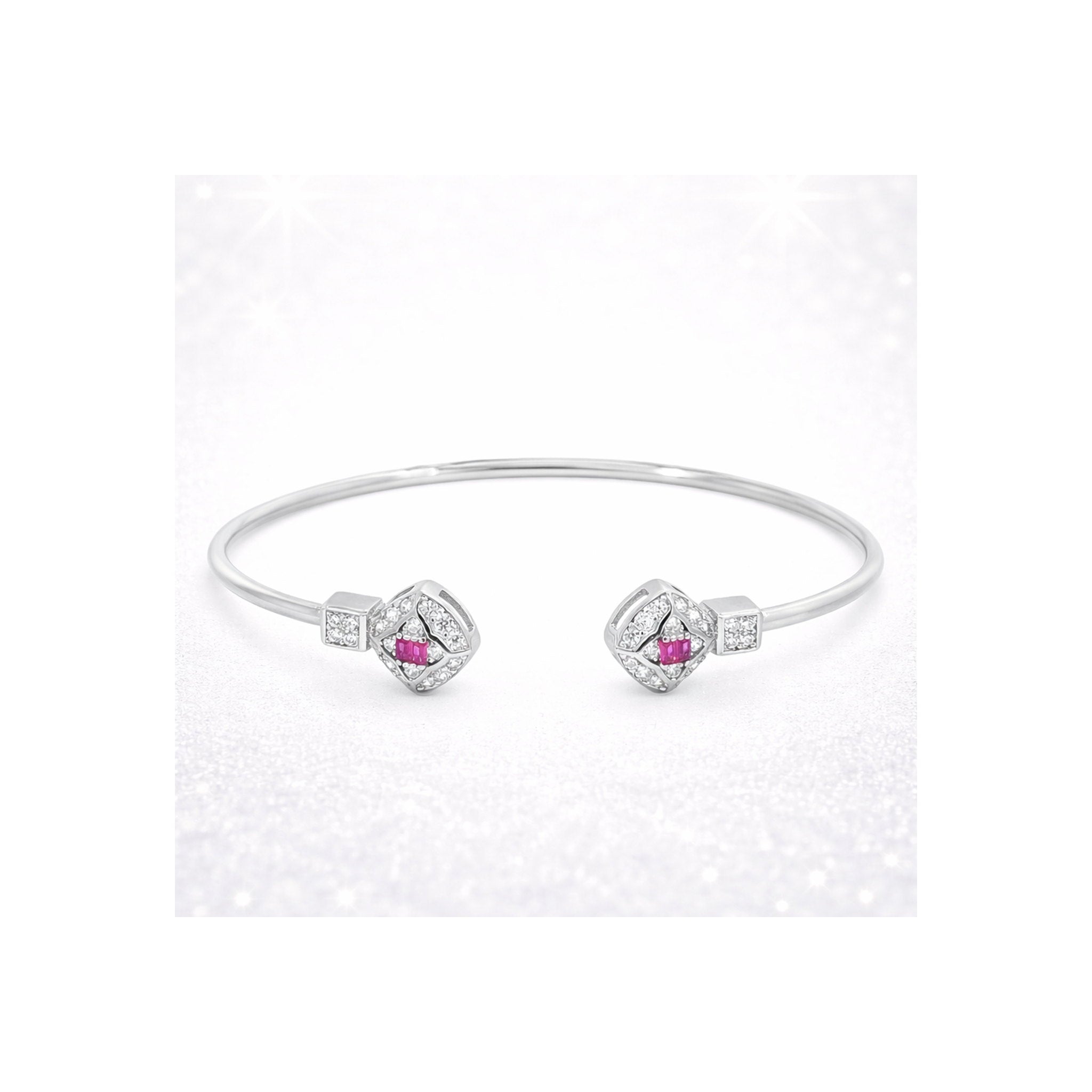 925 Sterling Silver Red Gemstone  and Zircon Geometric Open Bangle